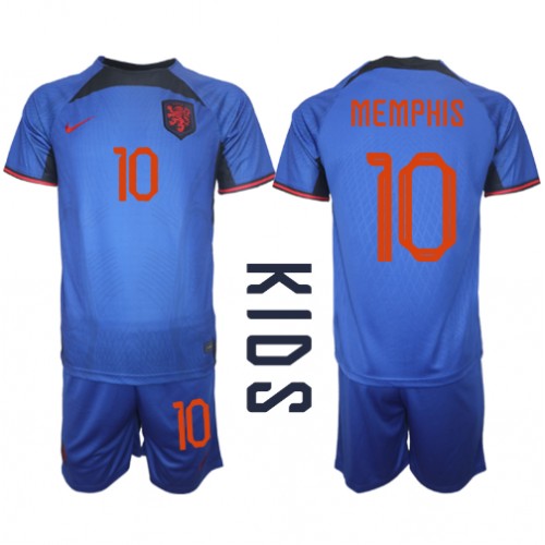Dres Nizozemska Memphis Depay #10 Gostujuci za djecu SP 2022 Kratak Rukav (+ kratke hlače)